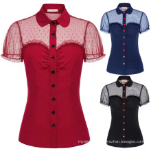 Vintage Women Shirt Lapel Collar Red Buttons Mesh Fabric Tops